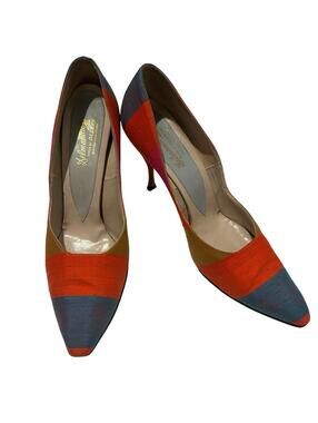 Vintage 60s Delman Delmanette Silk Colorblock Heels Pumps 9